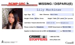Lily Mackinaw Missing: 15-Year-Old Last Seen in Wetaskiwin, Alberta, Canada