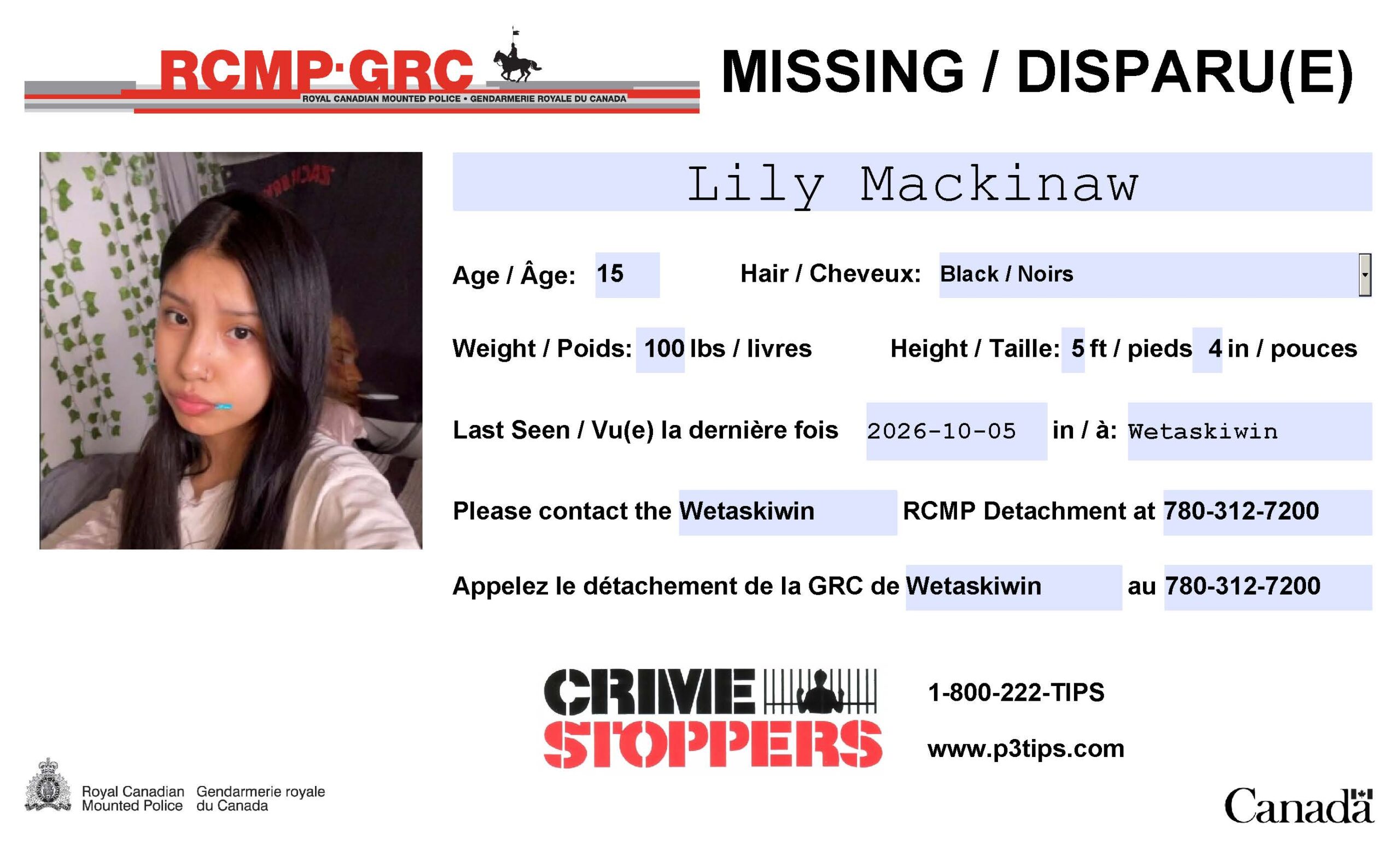 Lily Mackinaw Missing: 15-Year-Old Last Seen in Wetaskiwin, Alberta, Canada