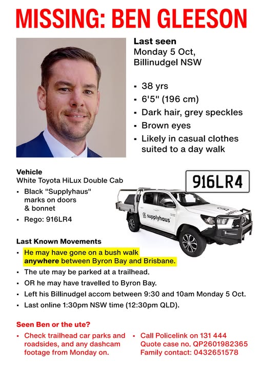 Ben Gleeson, Missing Person- 38-Year-Old Brisbane, QLD Last Seen in Billinudgel Help Locate